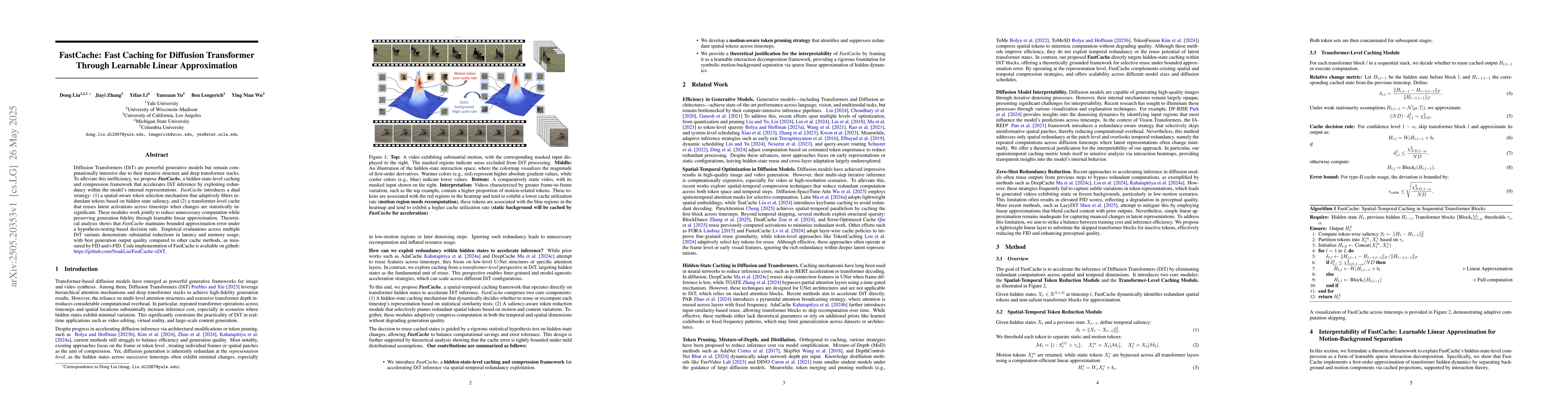 Thumbnail for FastCache: Fast Caching for Diffusion Transformer Through Learnable
  Linear Approximation