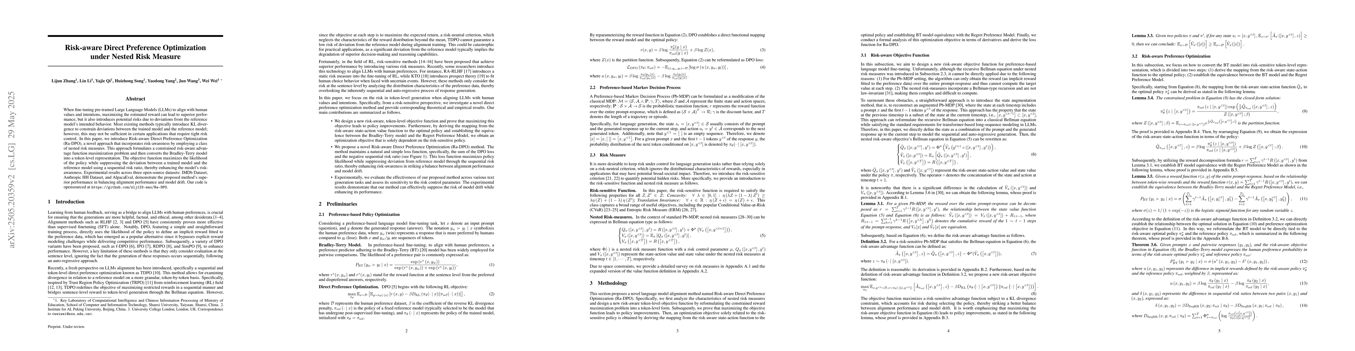 Thumbnail for Risk-aware Direct Preference Optimization under Nested Risk Measure
