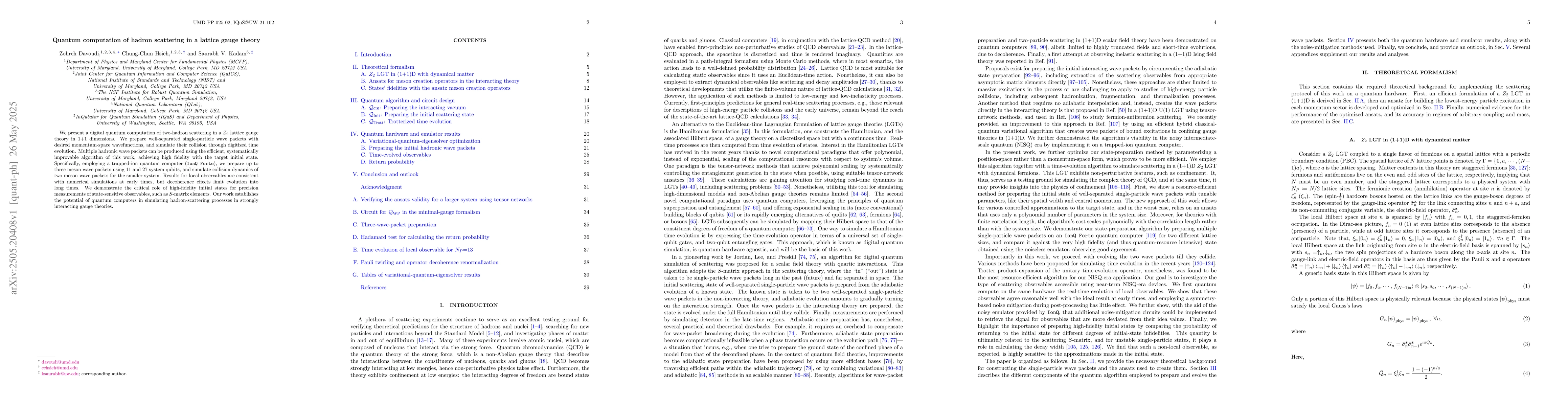Thumbnail for Quantum computation of hadron scattering in a lattice gauge theory