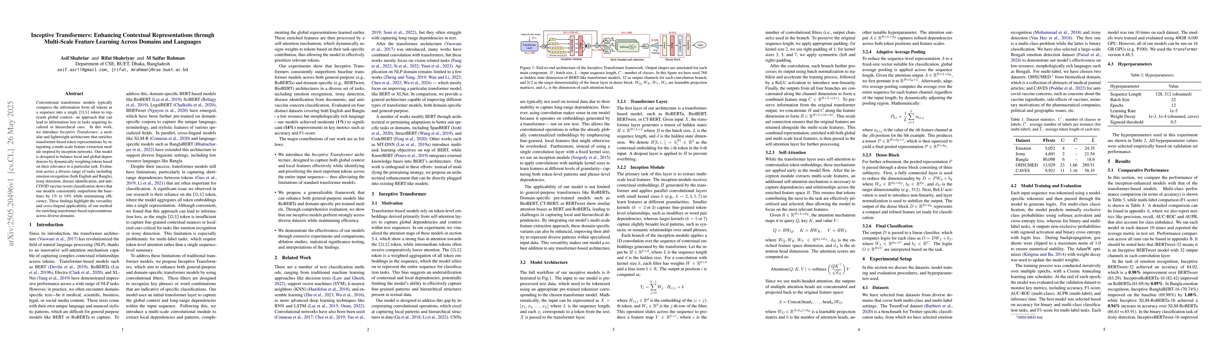 Thumbnail for Inceptive Transformers: Enhancing Contextual Representations through
  Multi-Scale Feature Learning Across Domains and Languages