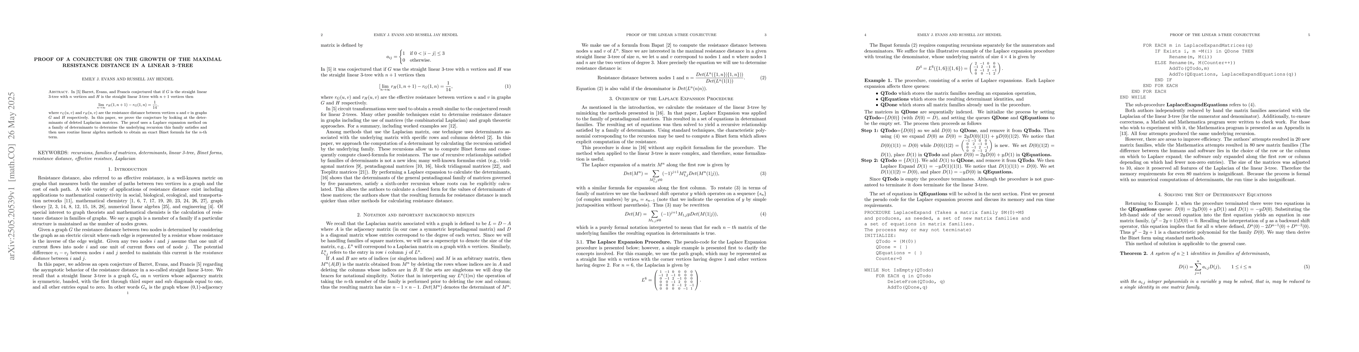 Thumbnail for Proof of a Conjecture on the Growth of the Maximal Resistance Distance
  in a Linear 3--Tree