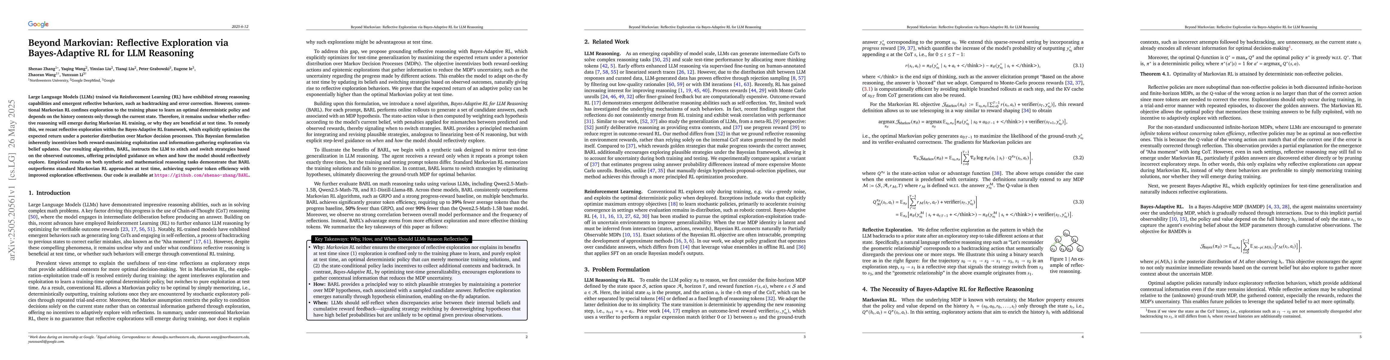 Thumbnail for Beyond Markovian: Reflective Exploration via Bayes-Adaptive RL for LLM
  Reasoning