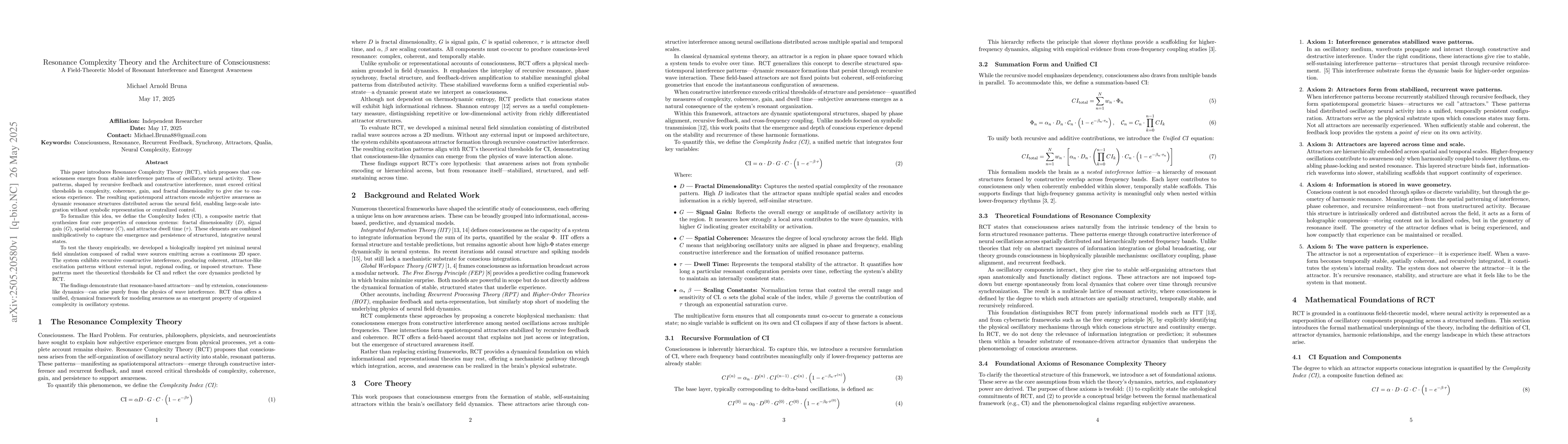 Thumbnail for Resonance Complexity Theory and the Architecture of Consciousness: A
  Field-Theoretic Model of Resonant Interference and Emergent Awareness