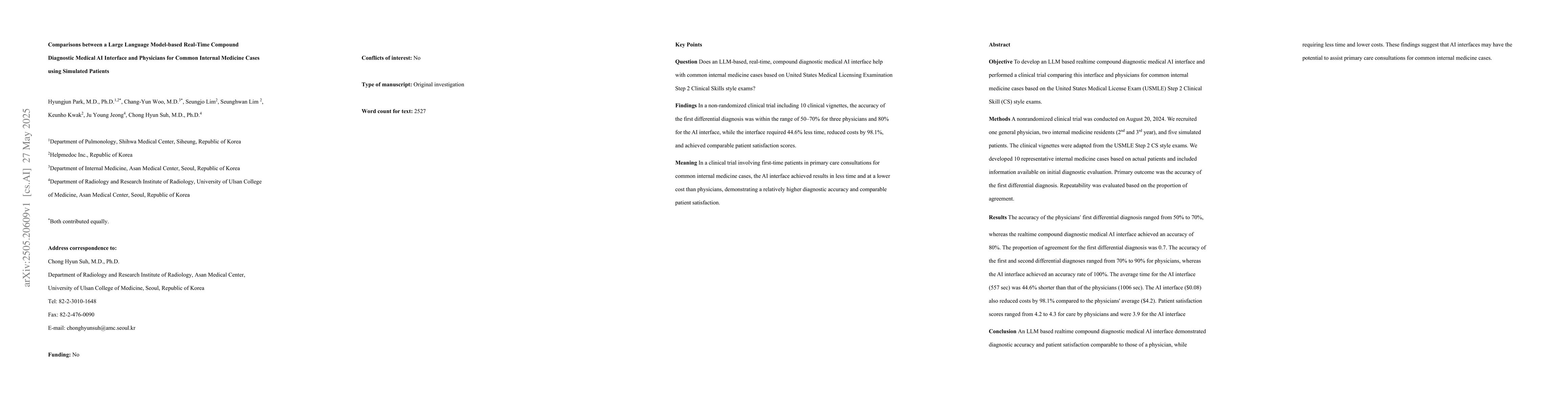 Thumbnail for Comparisons between a Large Language Model-based Real-Time Compound
  Diagnostic Medical AI Interface and Physicians for Common Internal Medicine
  Cases using Simulated Patients