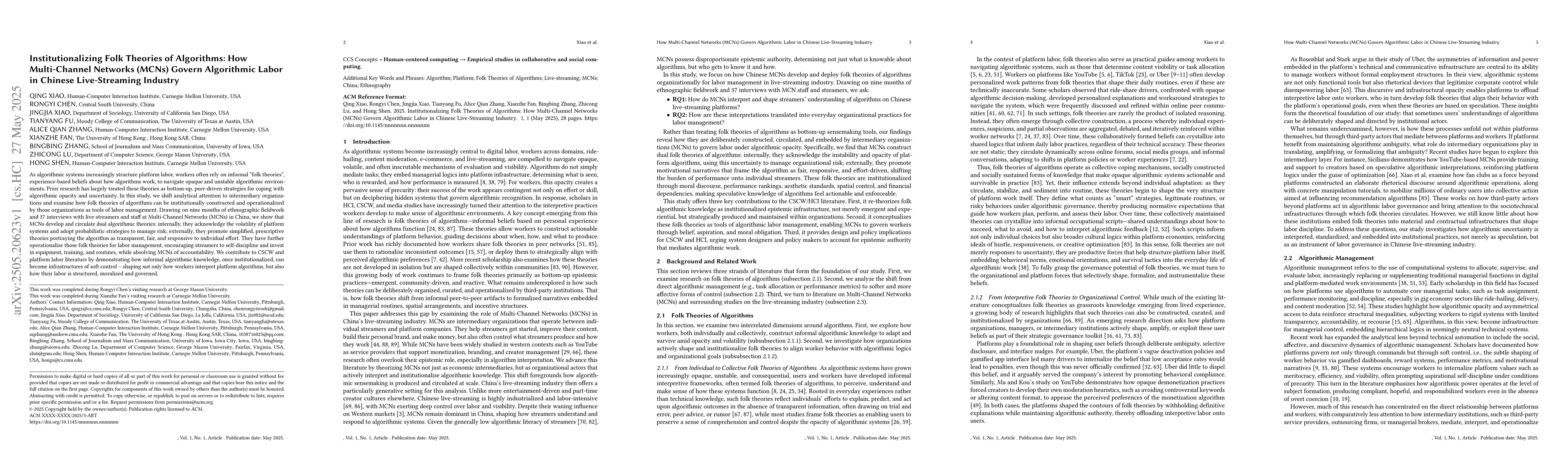 Thumbnail for Institutionalizing Folk Theories of Algorithms: How Multi-Channel
  Networks (MCNs) Govern Algorithmic Labor in Chinese Live-Streaming Industry