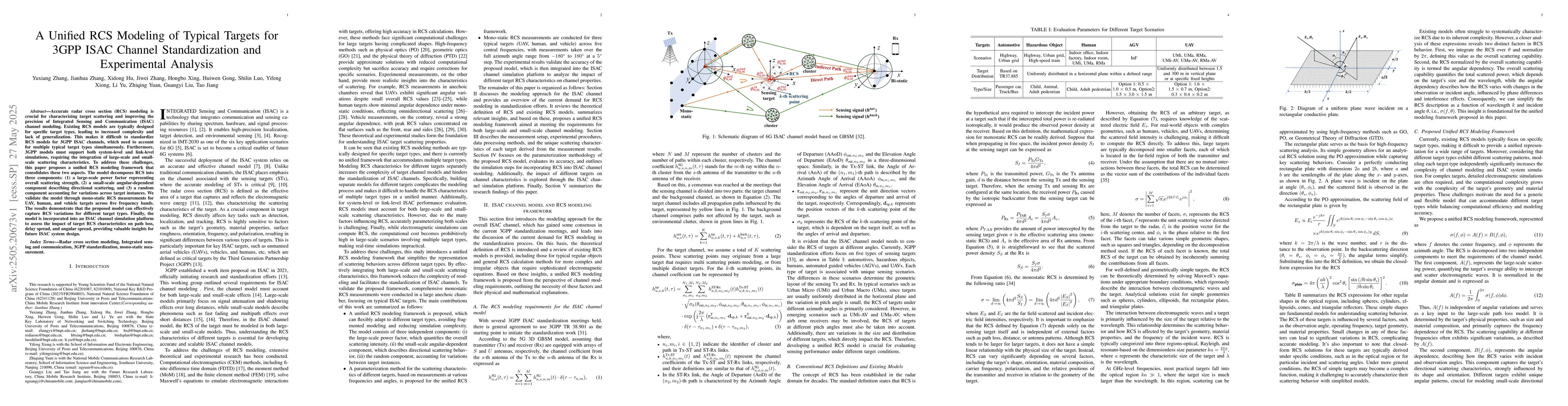 Thumbnail for A Unified RCS Modeling of Typical Targets for 3GPP ISAC Channel
  Standardization and Experimental Analysis