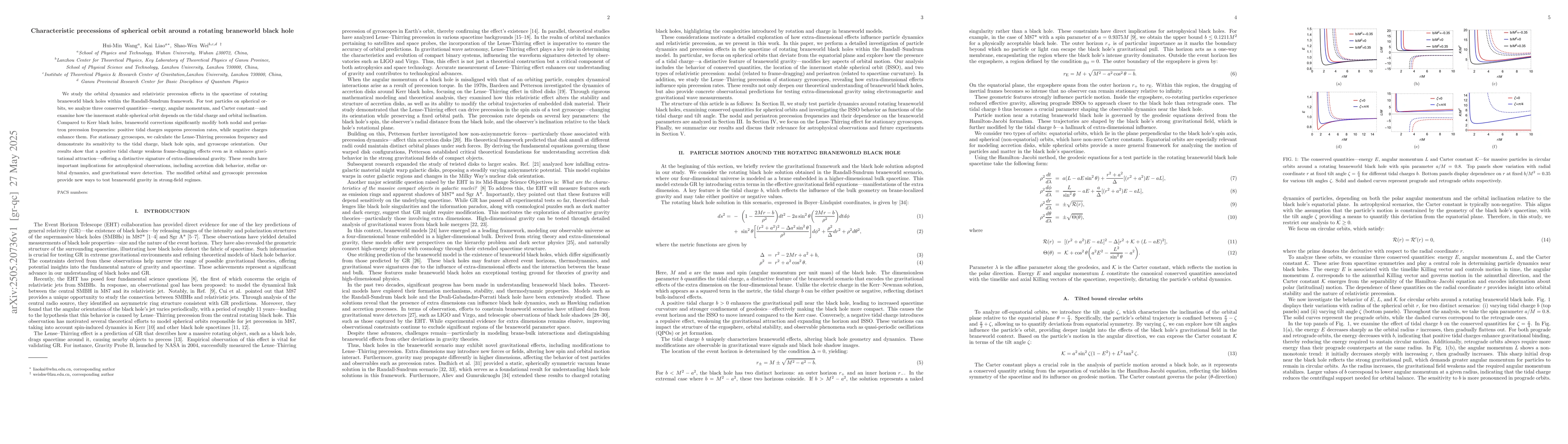 Thumbnail for Characteristic precessions of spherical orbit around a rotating
  braneworld black hole