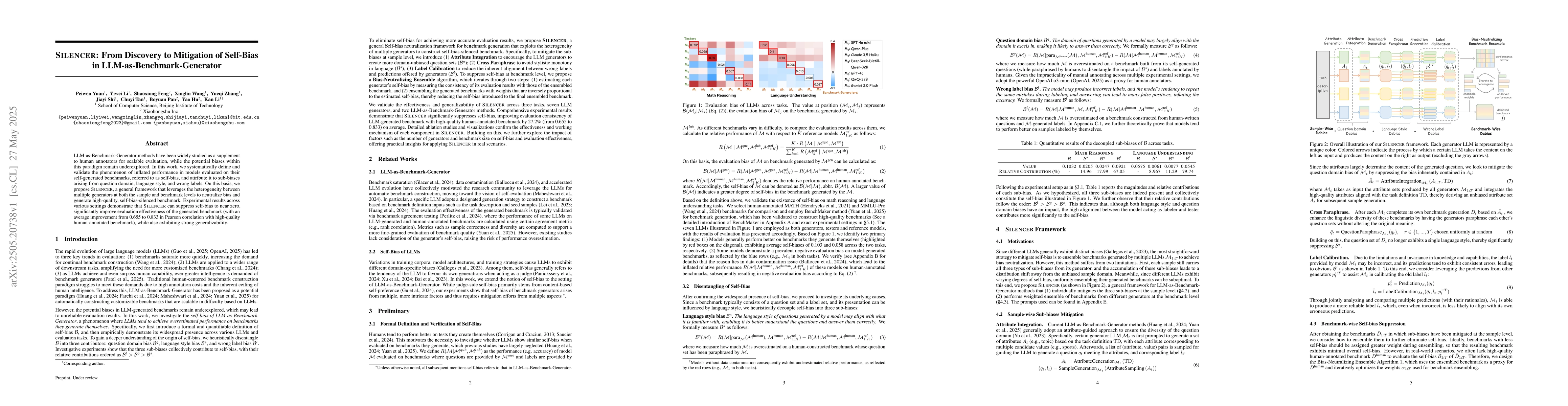 Thumbnail for Silencer: From Discovery to Mitigation of Self-Bias in
  LLM-as-Benchmark-Generator