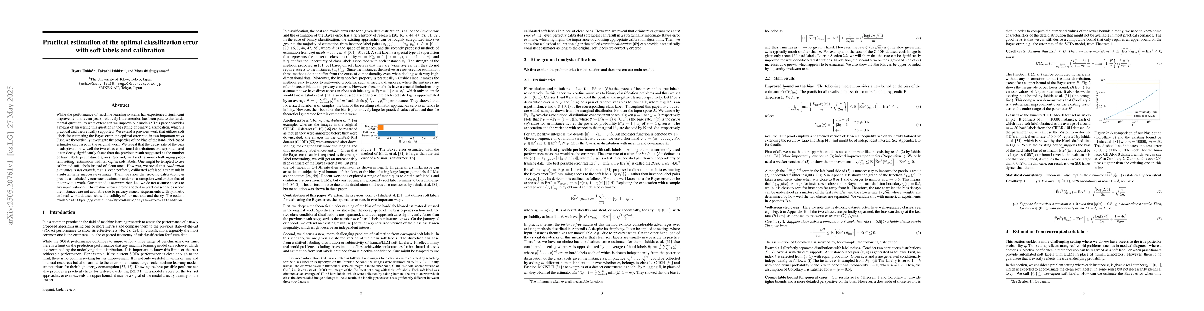 Thumbnail for Practical estimation of the optimal classification error with soft
  labels and calibration