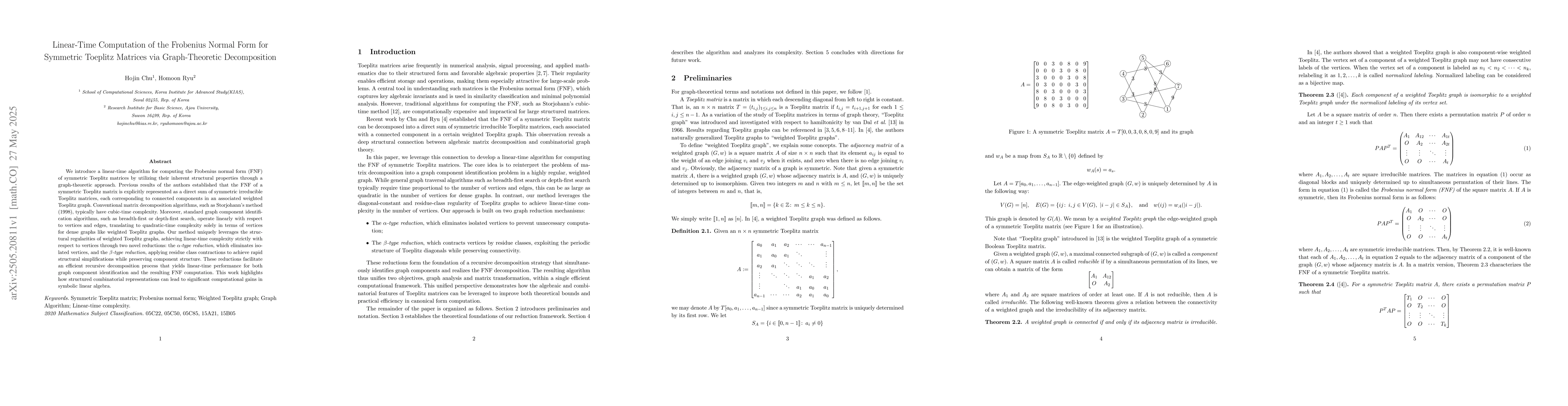 Thumbnail for Linear-Time Computation of the Frobenius Normal Form for Symmetric
  Toeplitz Matrices via Graph-Theoretic Decomposition