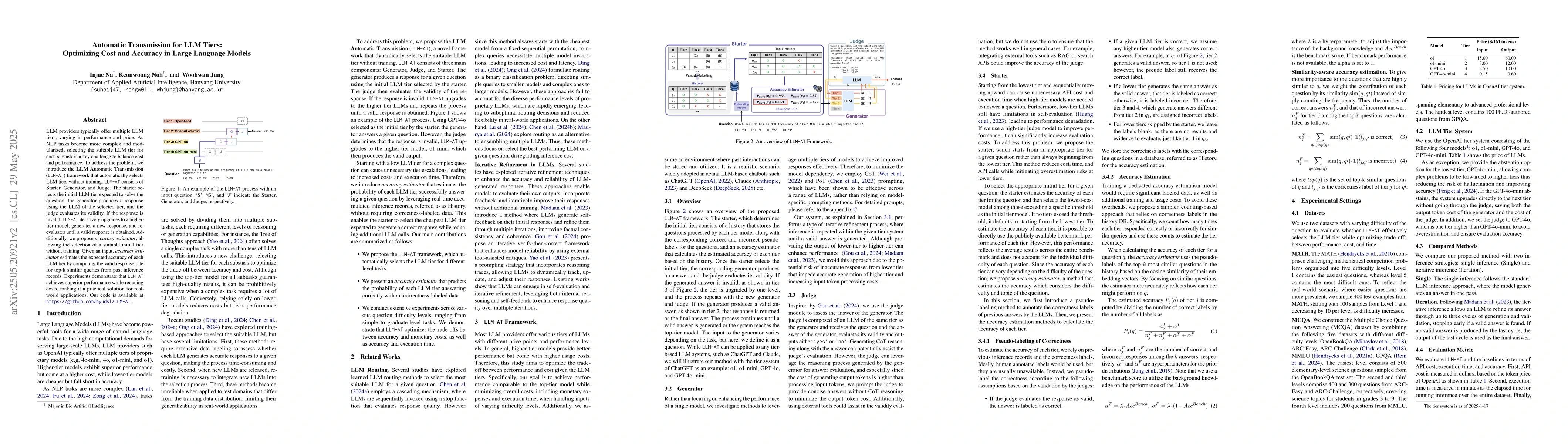 Thumbnail for Automatic Transmission for LLM Tiers: Optimizing Cost and Accuracy in
  Large Language Models
