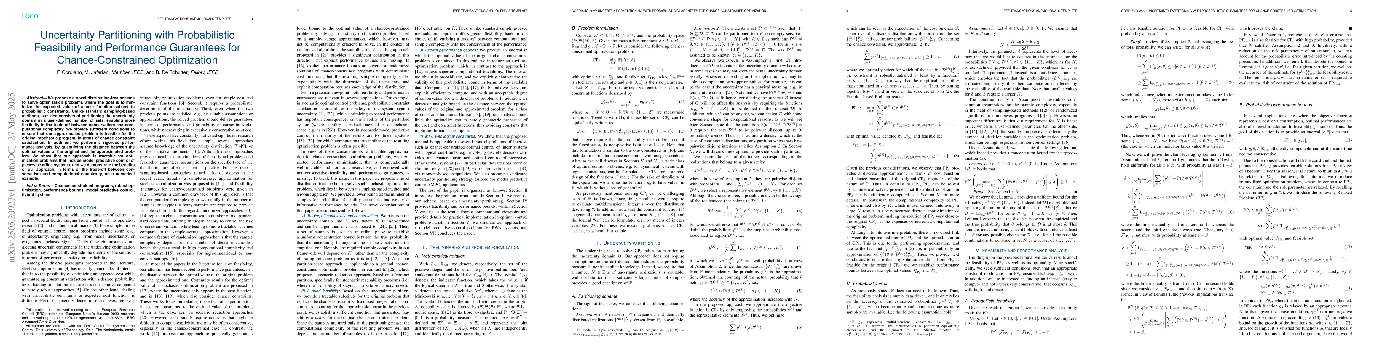 Thumbnail for Uncertainty Partitioning with Probabilistic Feasibility and Performance
  Guarantees for Chance-Constrained Optimization