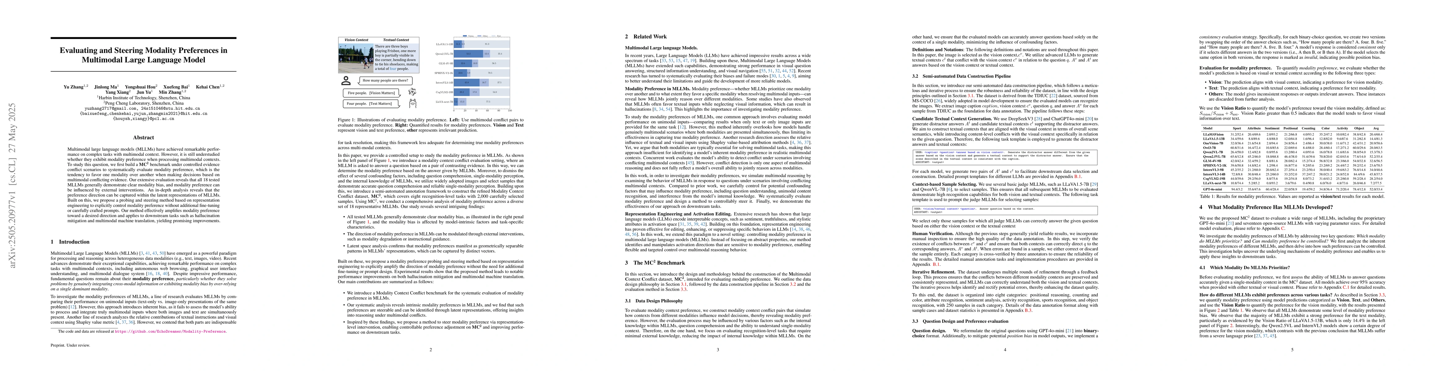 Thumbnail for Evaluating and Steering Modality Preferences in Multimodal Large
  Language Model