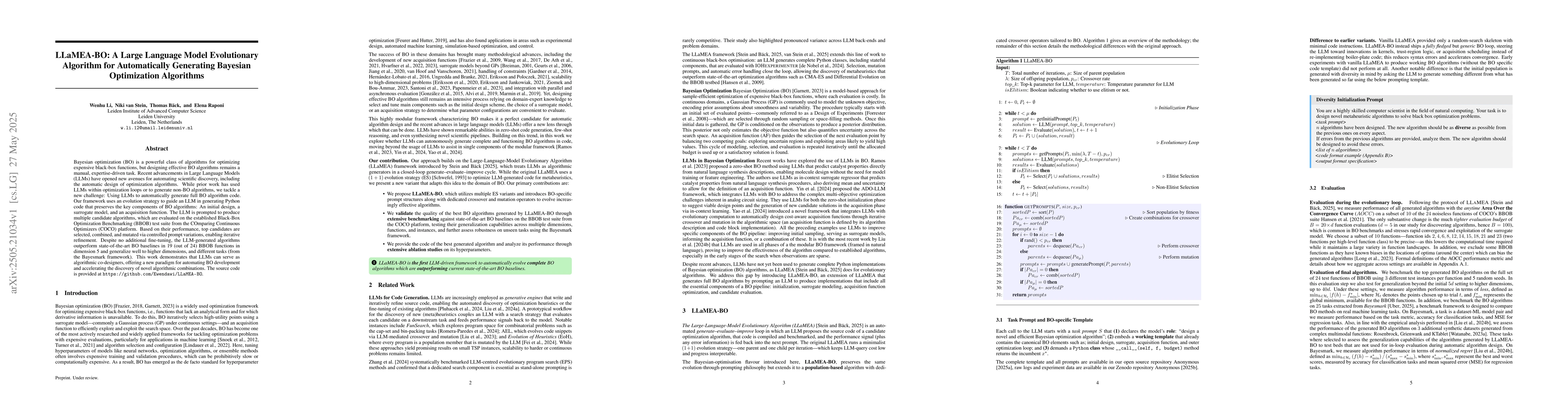 Thumbnail for LLaMEA-BO: A Large Language Model Evolutionary Algorithm for
  Automatically Generating Bayesian Optimization Algorithms