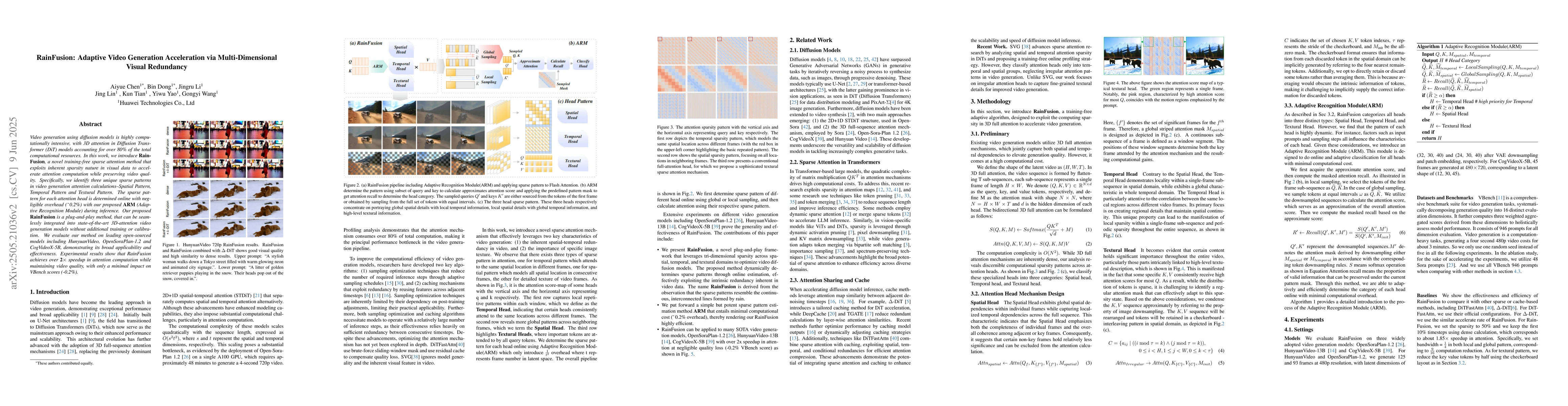 Thumbnail for RainFusion: Adaptive Video Generation Acceleration via Multi-Dimensional
  Visual Redundancy