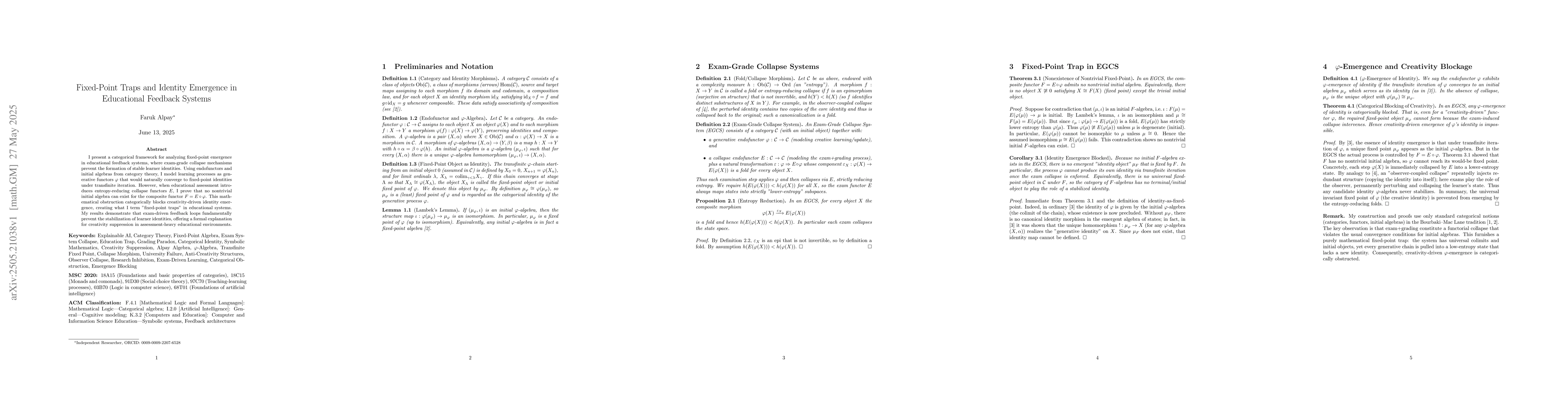 Thumbnail for Fixed-Point Traps and Identity Emergence in Educational Feedback Systems