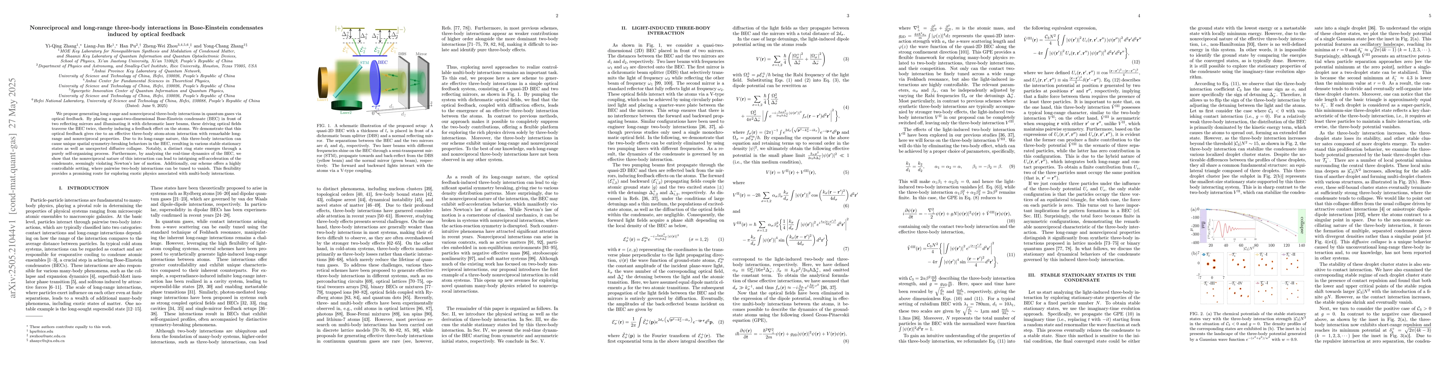 Thumbnail for Nonreciprocal and long-range three-body interactions in Bose-Einstein
  condensates induced by optical feedback