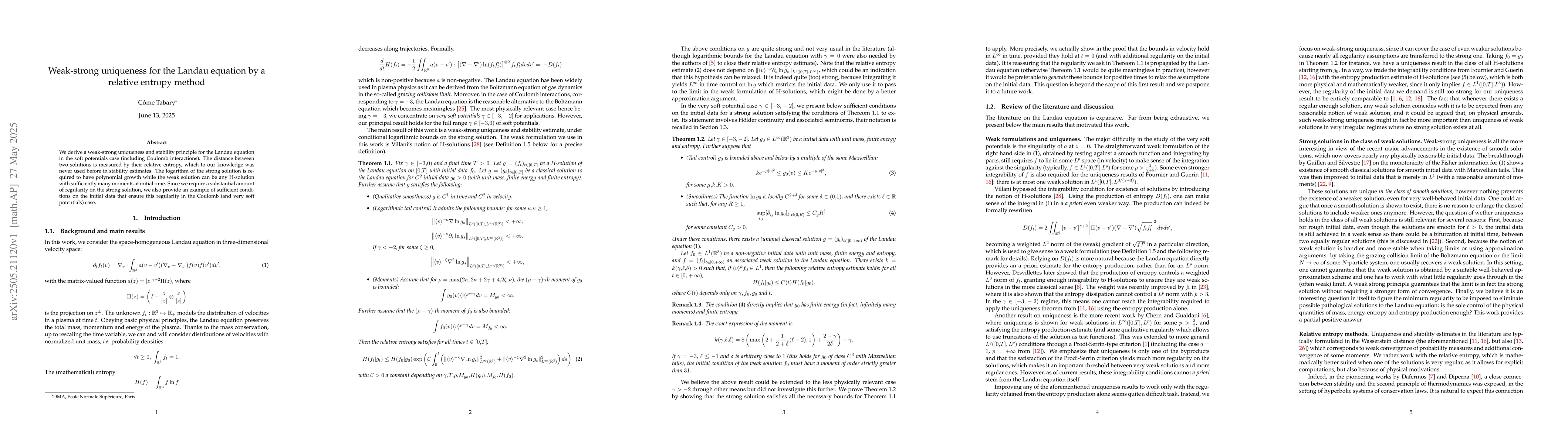 Thumbnail for Weak-strong uniqueness for the Landau equation by a relative entropy
  method