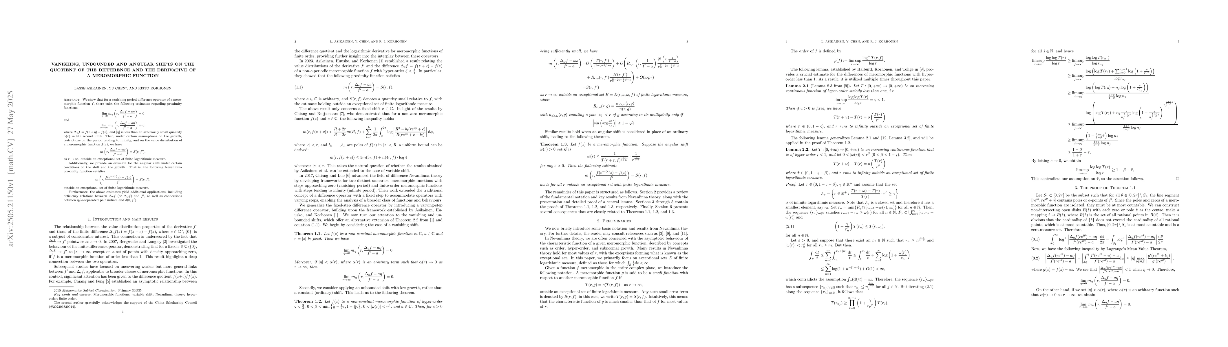 Thumbnail for Vanishing, Unbounded and Angular Shifts on the Quotient of the
  Difference and the Derivative of a Meromorphic Function