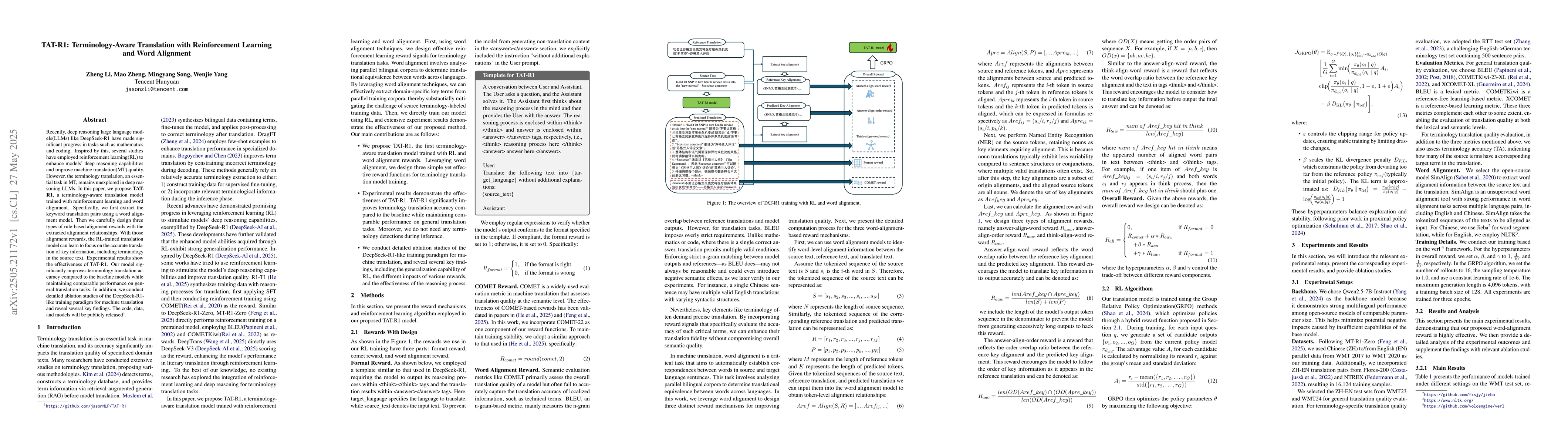 Thumbnail for TAT-R1: Terminology-Aware Translation with Reinforcement Learning and
  Word Alignment