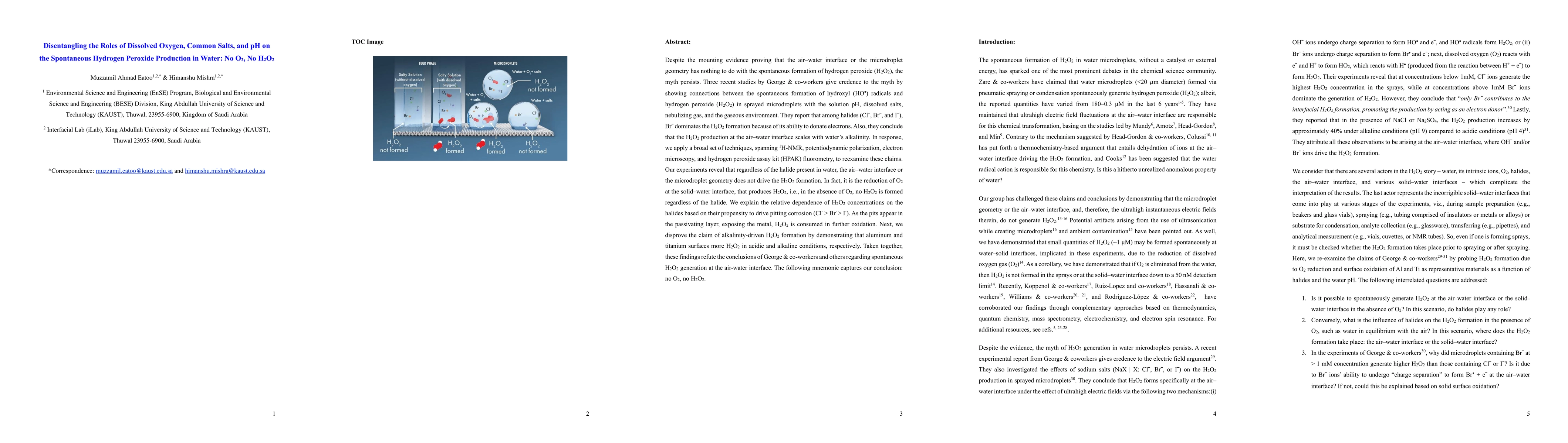 Thumbnail for Disentangling the Roles of Dissolved Oxygen, Common Salts, and pH on the
  Spontaneous Hydrogen Peroxide Production in Water: No O2, No H2O2