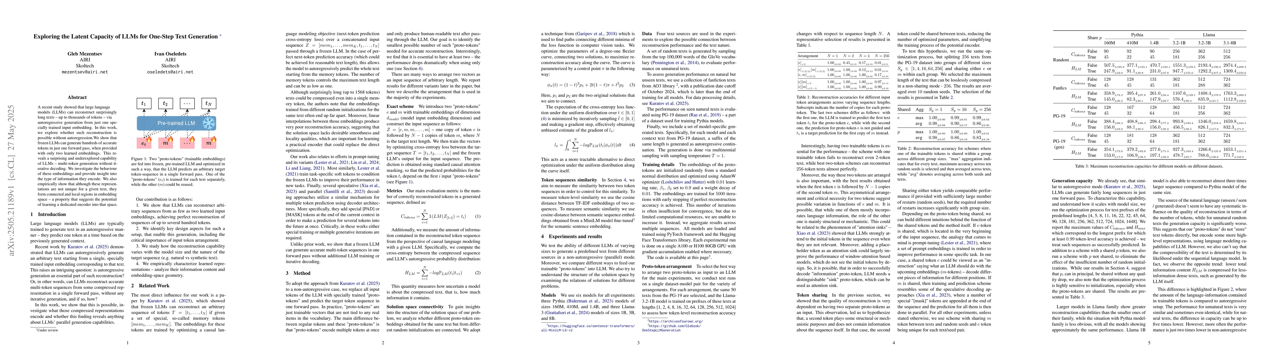 Thumbnail for Exploring the Latent Capacity of LLMs for One-Step Text Generation
