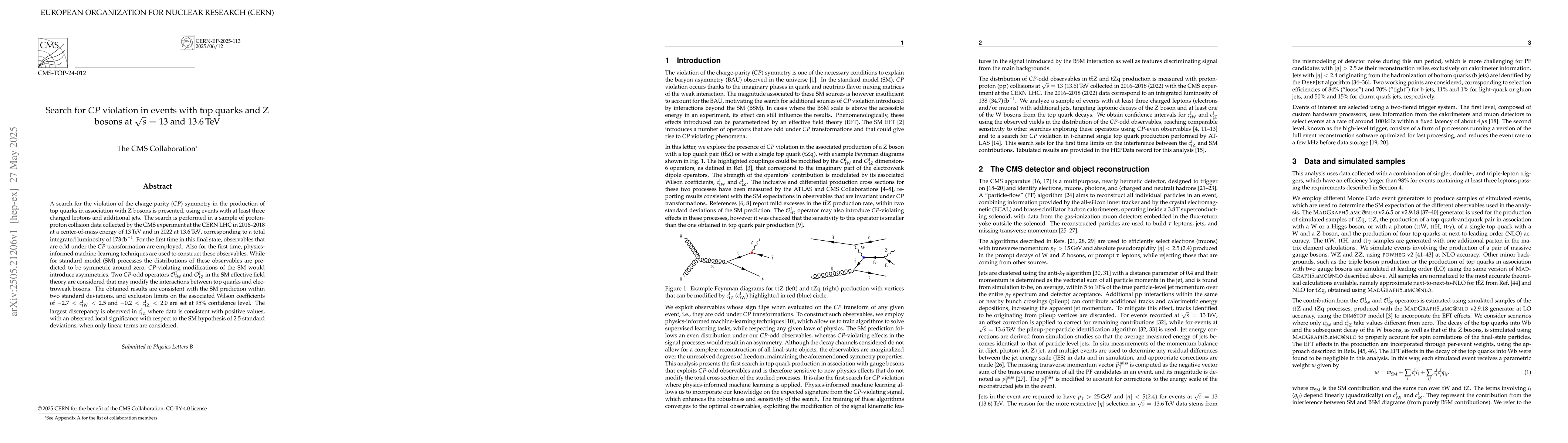 Thumbnail for Search for $CP$ violation in events with top quarks and Z bosons at
  $\sqrt{s}$ = 13 and 13.6 TeV