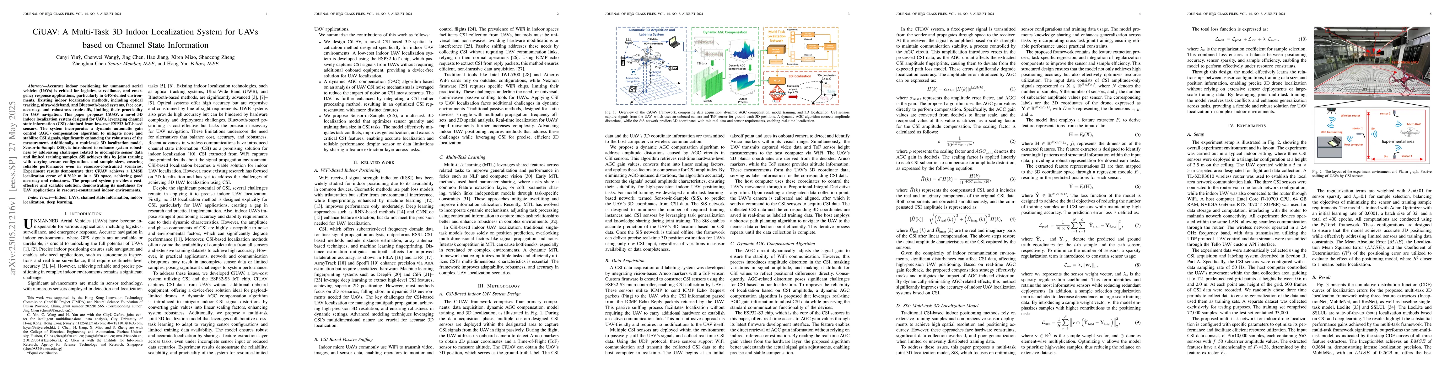 Thumbnail for CiUAV: A Multi-Task 3D Indoor Localization System for UAVs based on
  Channel State Information