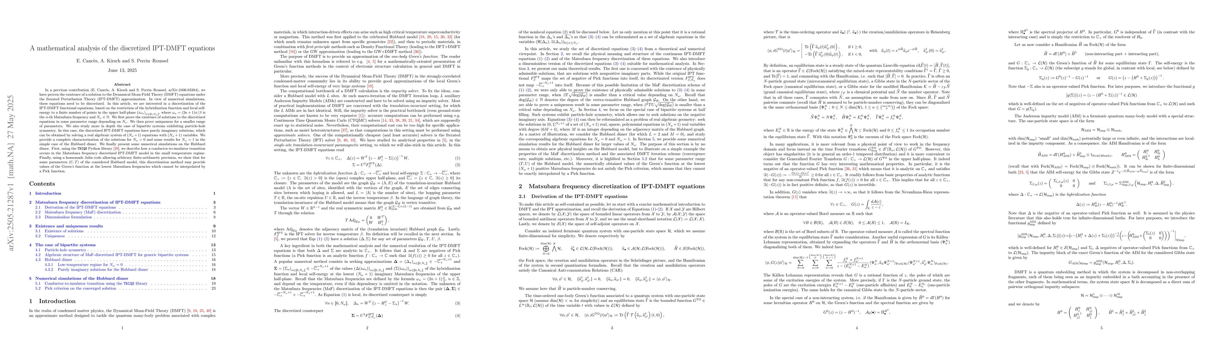 Thumbnail for A mathematical analysis of the discretized IPT-DMFT equations