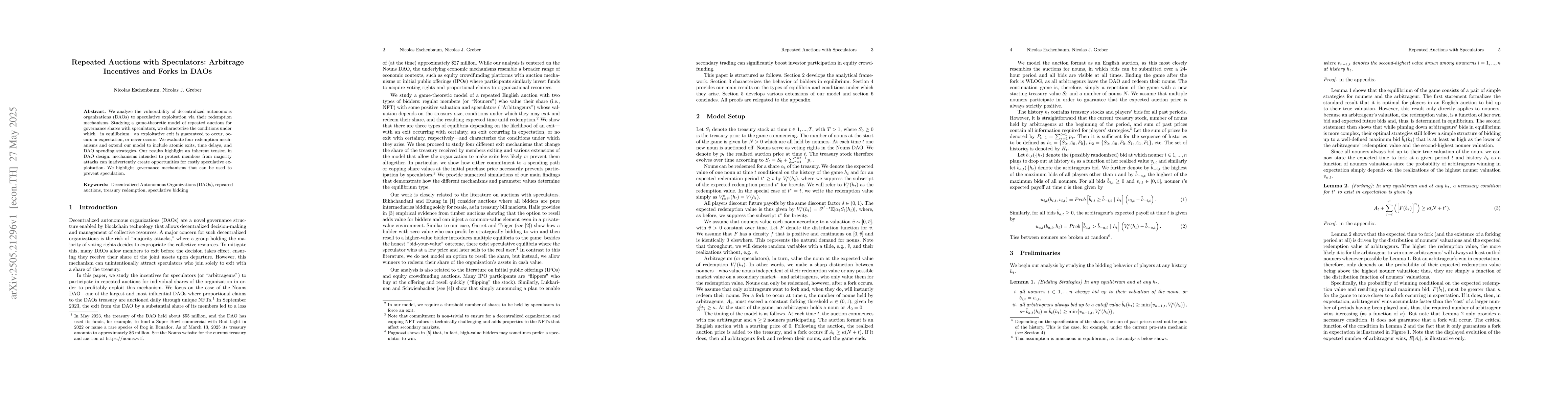 Thumbnail for Repeated Auctions with Speculators: Arbitrage Incentives and Forks in
  DAOs