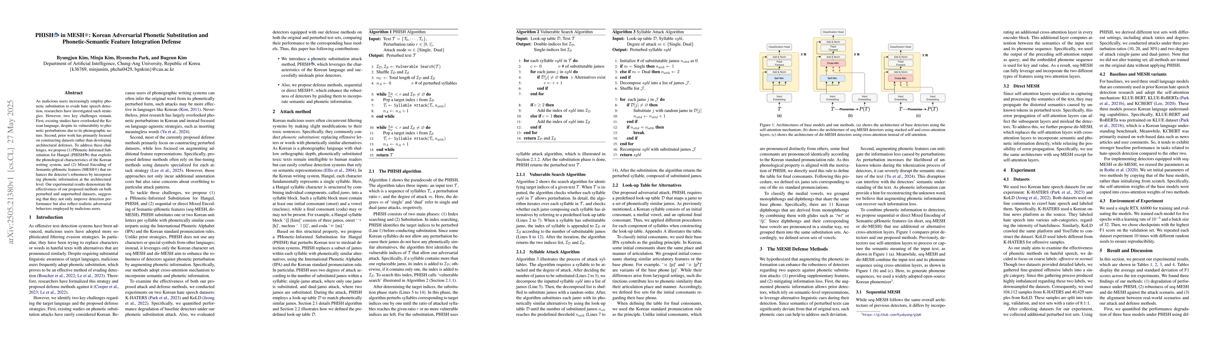 Thumbnail for PHISH in MESH: Korean Adversarial Phonetic Substitution and
  Phonetic-Semantic Feature Integration Defense