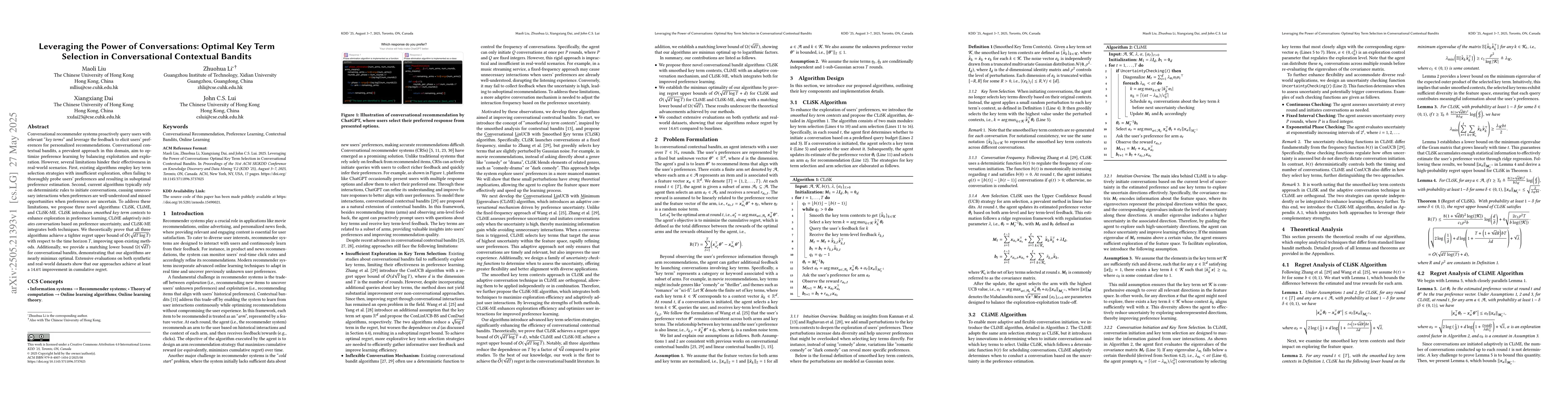 Thumbnail for Leveraging the Power of Conversations: Optimal Key Term Selection in
  Conversational Contextual Bandits