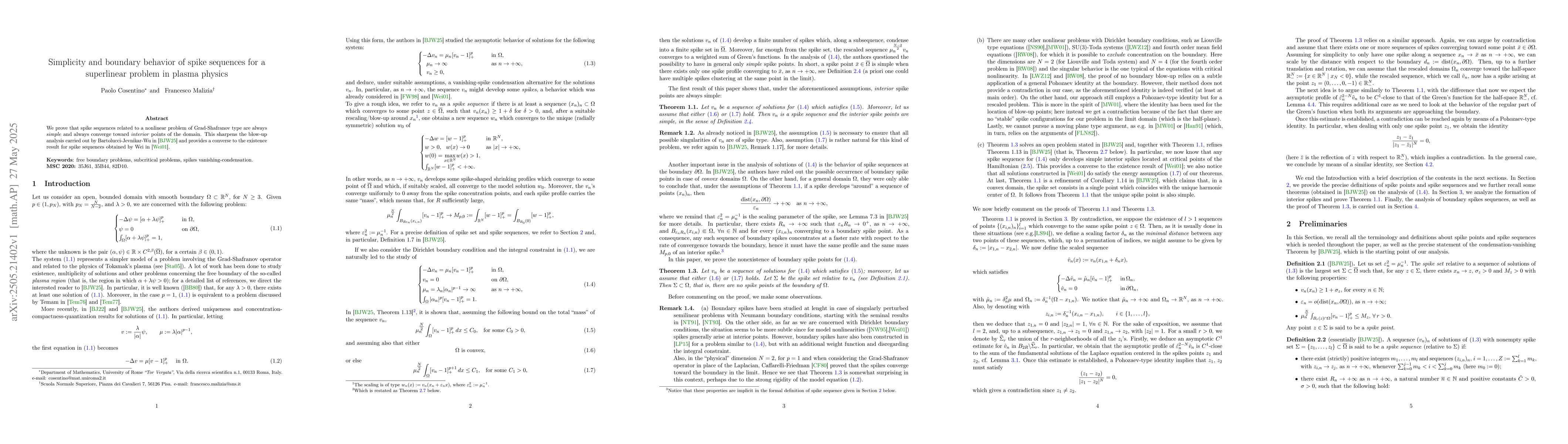 Thumbnail for Simplicity and boundary behavior of spike sequences for a superlinear
  problem in plasma physics