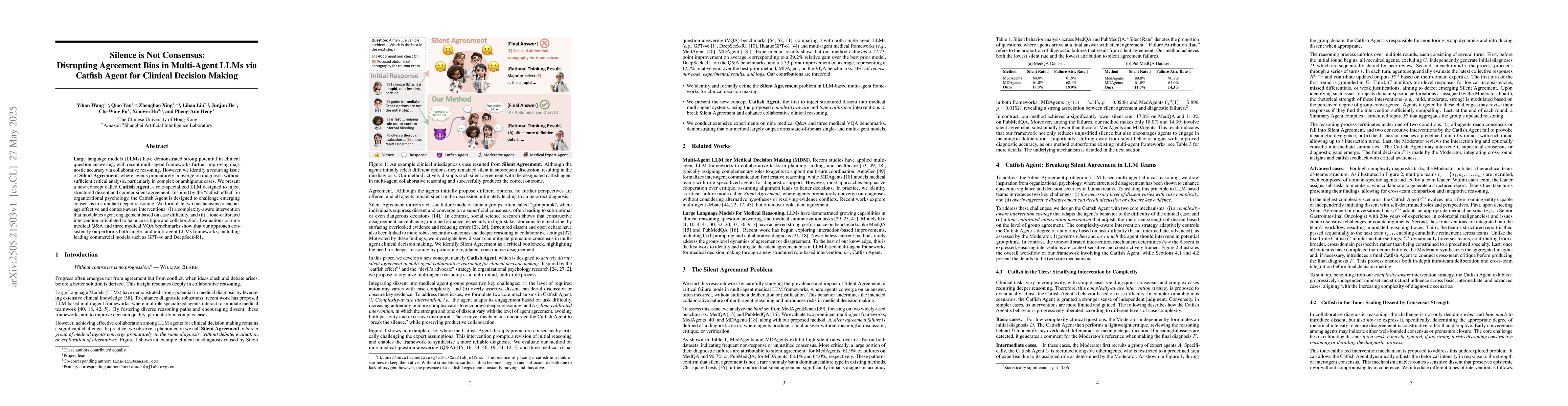 Thumbnail for Silence is Not Consensus: Disrupting Agreement Bias in Multi-Agent LLMs
  via Catfish Agent for Clinical Decision Making