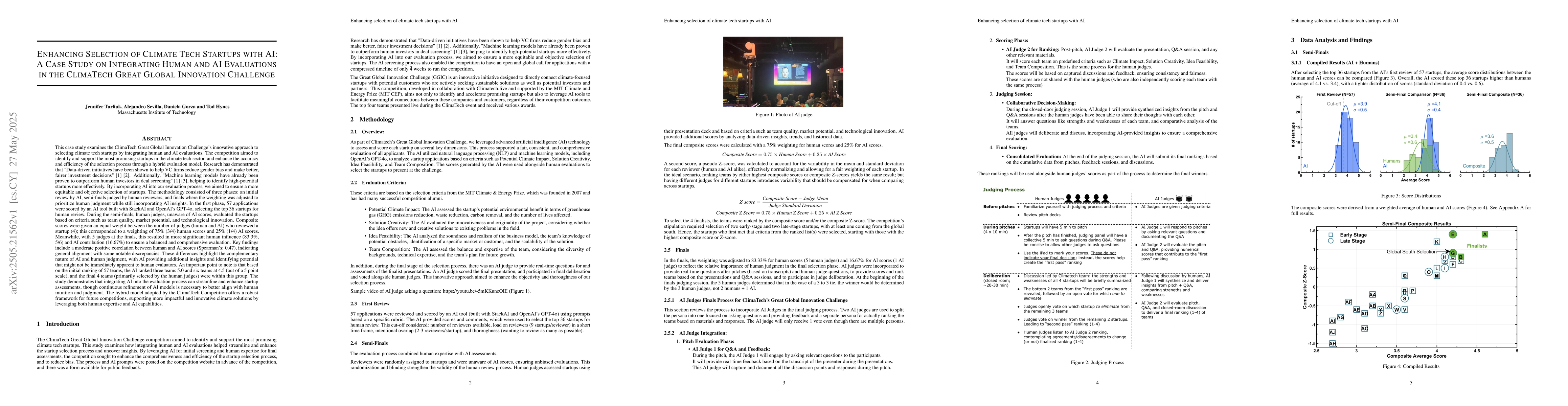 Thumbnail for Enhancing Selection of Climate Tech Startups with AI -- A Case Study on
  Integrating Human and AI Evaluations in the ClimaTech Great Global Innovation
  Challenge
