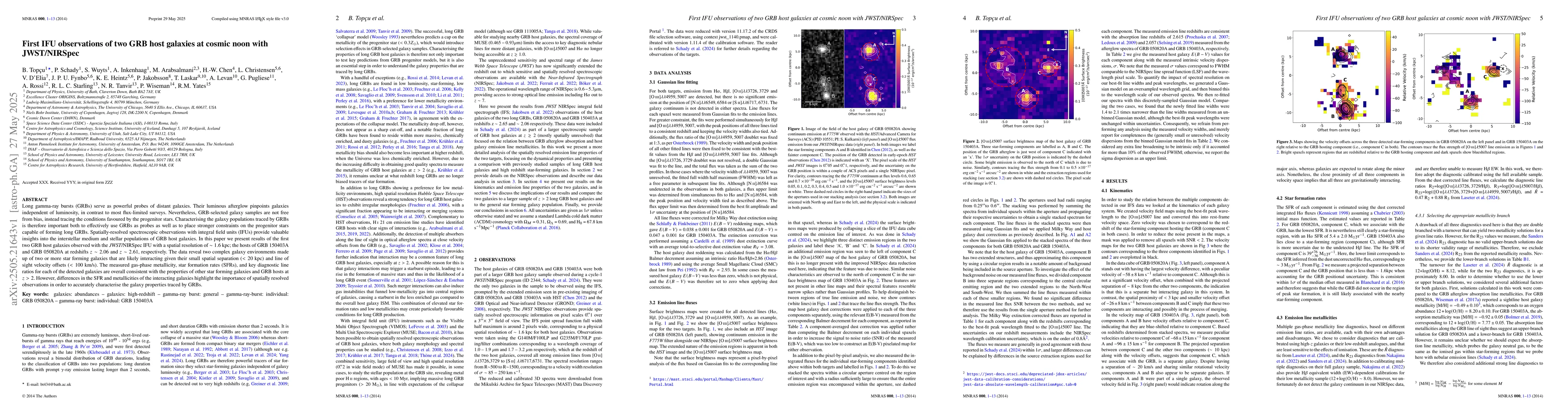 Thumbnail for First IFU observations of two GRB host galaxies at cosmic noon with
  JWST/NIRSpec