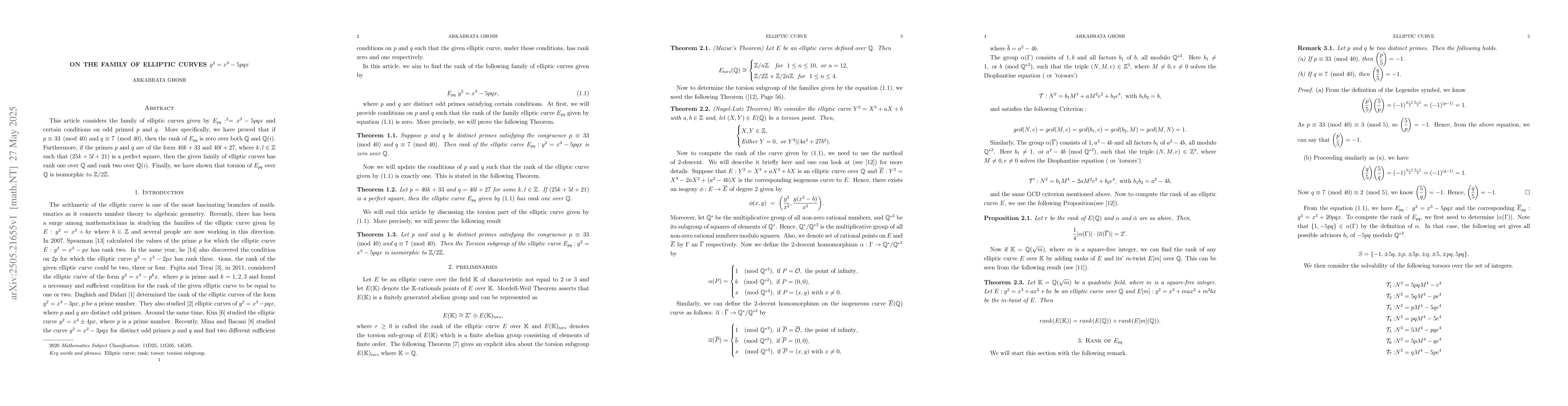 Thumbnail for On the Family of Elliptic Curves $y^2=x^3-5pqx$