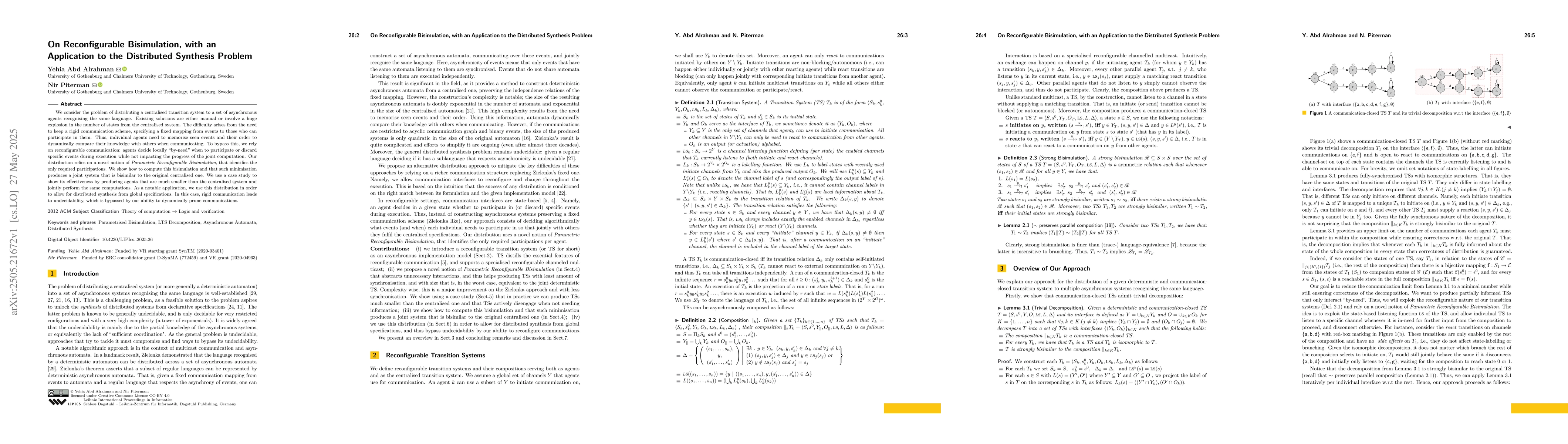 Thumbnail for On Reconfigurable Bisimulation, with an Application to the Distributed
  Synthesis Problem