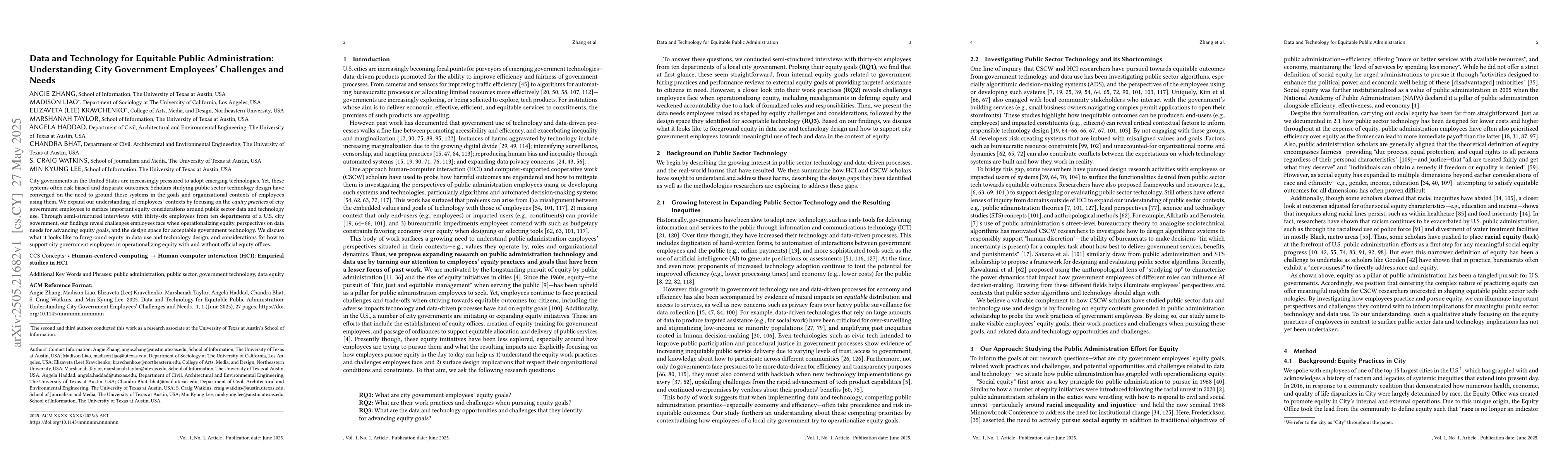 Thumbnail for Data and Technology for Equitable Public Administration: Understanding
  City Government Employees' Challenges and Needs