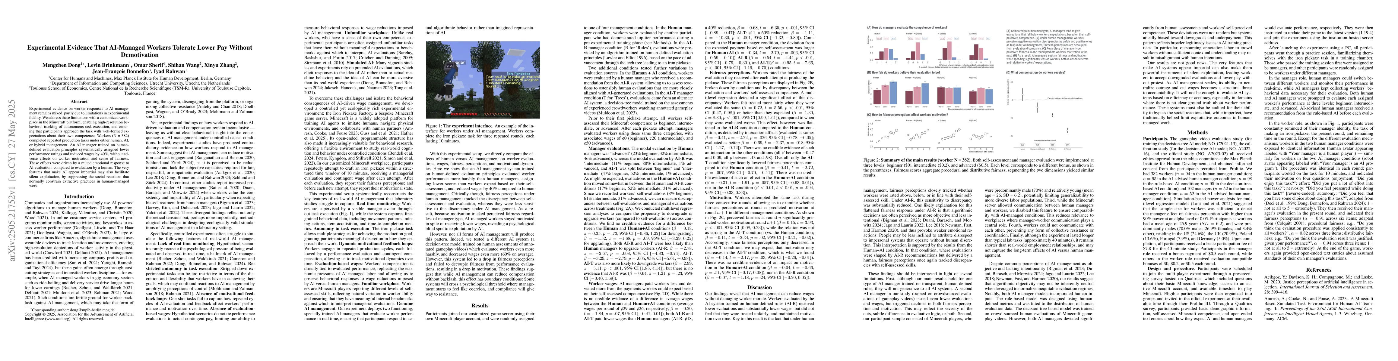 Thumbnail for Experimental Evidence That AI-Managed Workers Tolerate Lower Pay Without
  Demotivation