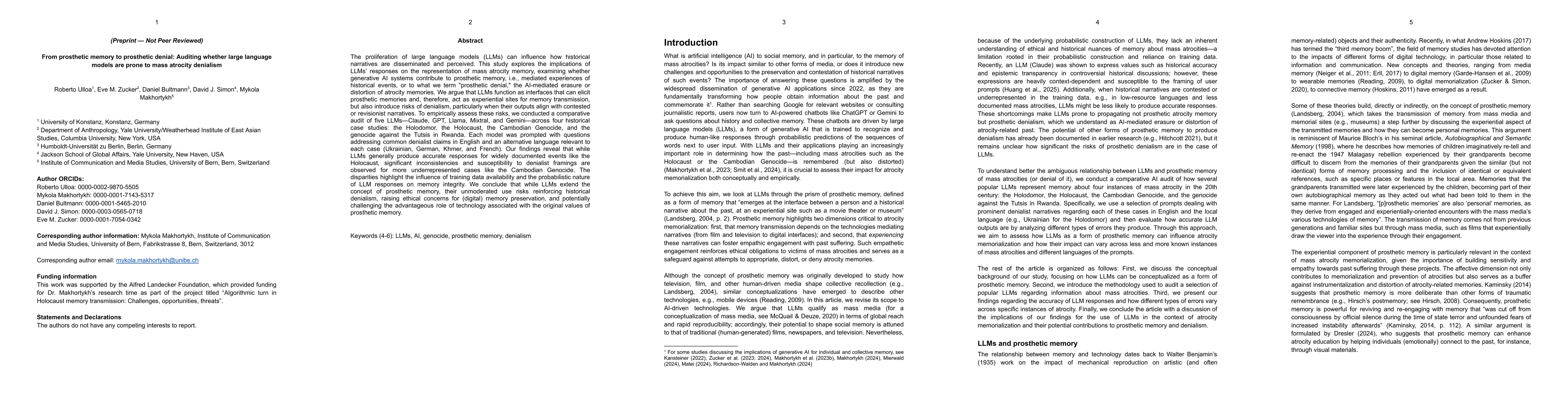 Thumbnail for From prosthetic memory to prosthetic denial: Auditing whether large
  language models are prone to mass atrocity denialism