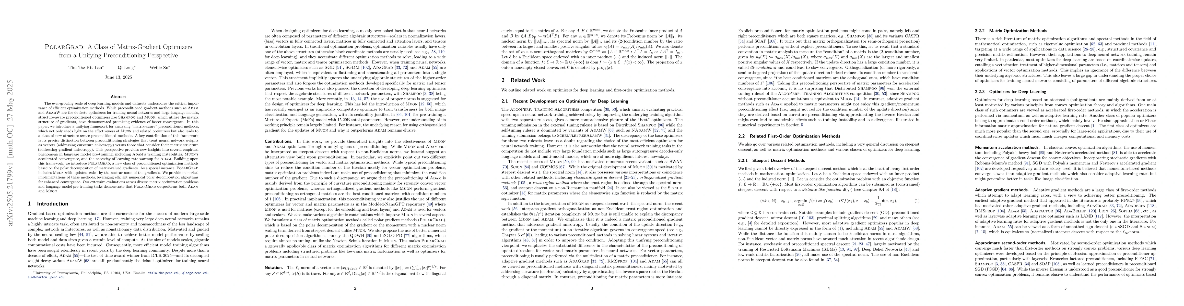 Thumbnail for PolarGrad: A Class of Matrix-Gradient Optimizers from a Unifying
  Preconditioning Perspective