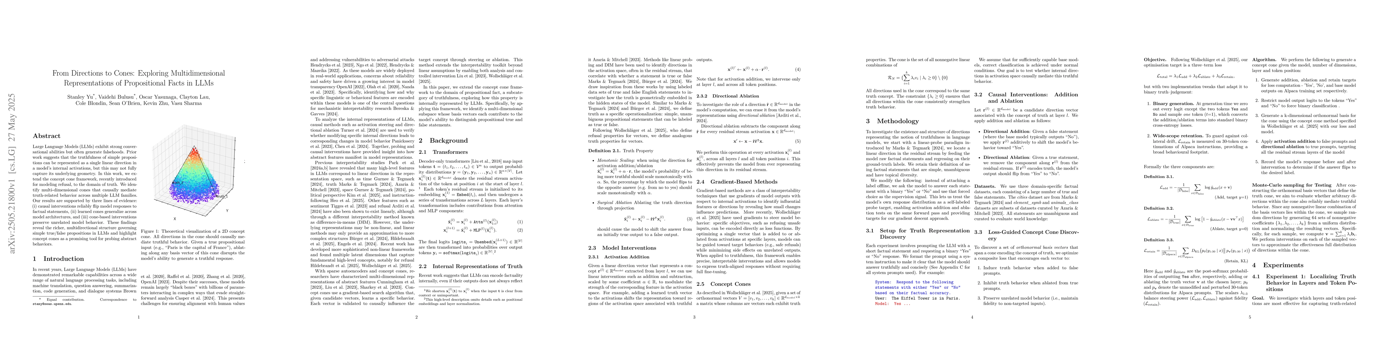 Thumbnail for From Directions to Cones: Exploring Multidimensional Representations of
  Propositional Facts in LLMs
