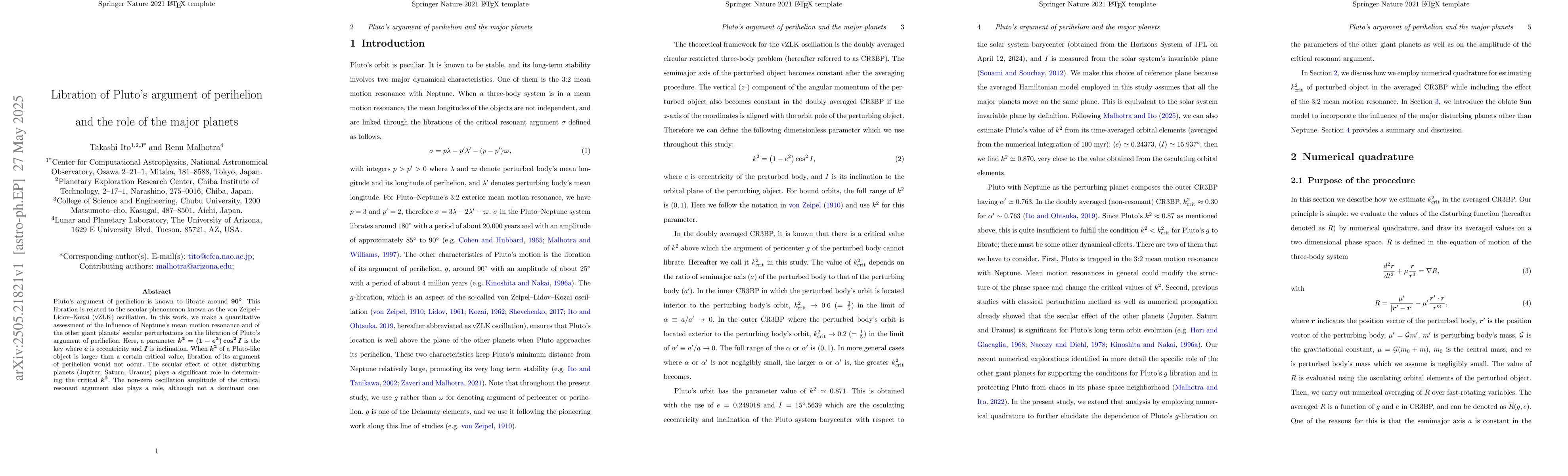 Thumbnail for Libration of Pluto's argument of perihelion and the role of the major
  planets