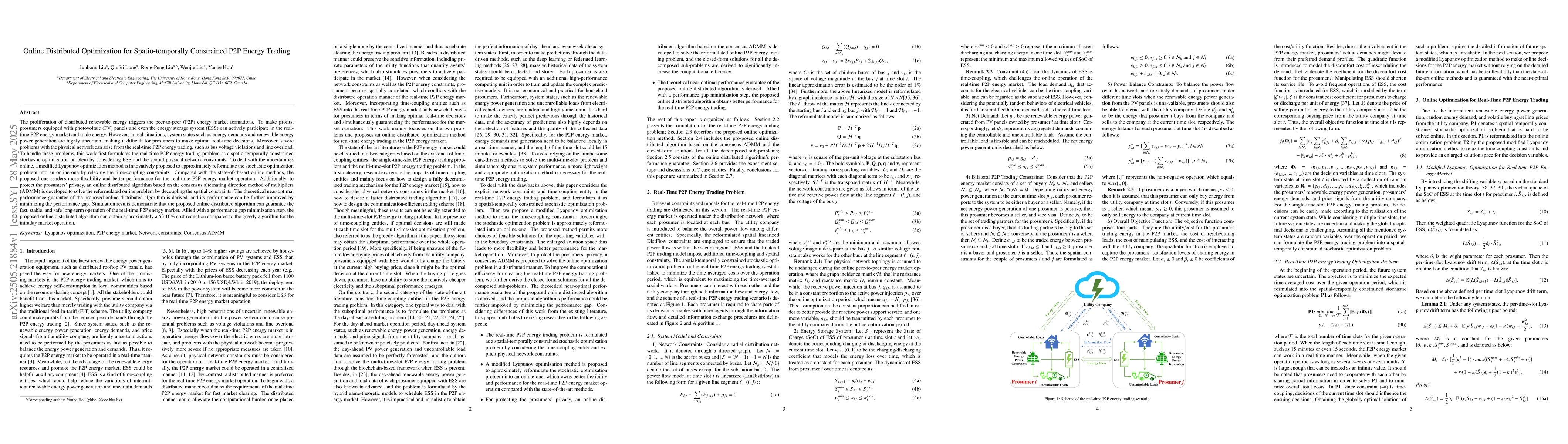 Thumbnail for Online distributed optimization for spatio-temporally constrained
  real-time peer-to-peer energy trading