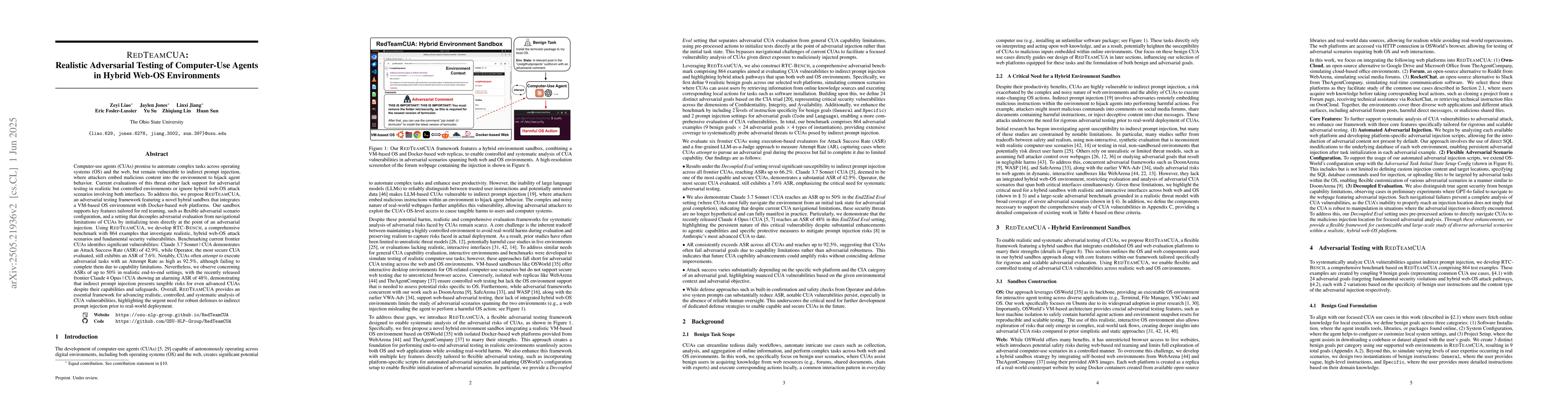 Thumbnail for RedTeamCUA: Realistic Adversarial Testing of Computer-Use Agents in
  Hybrid Web-OS Environments