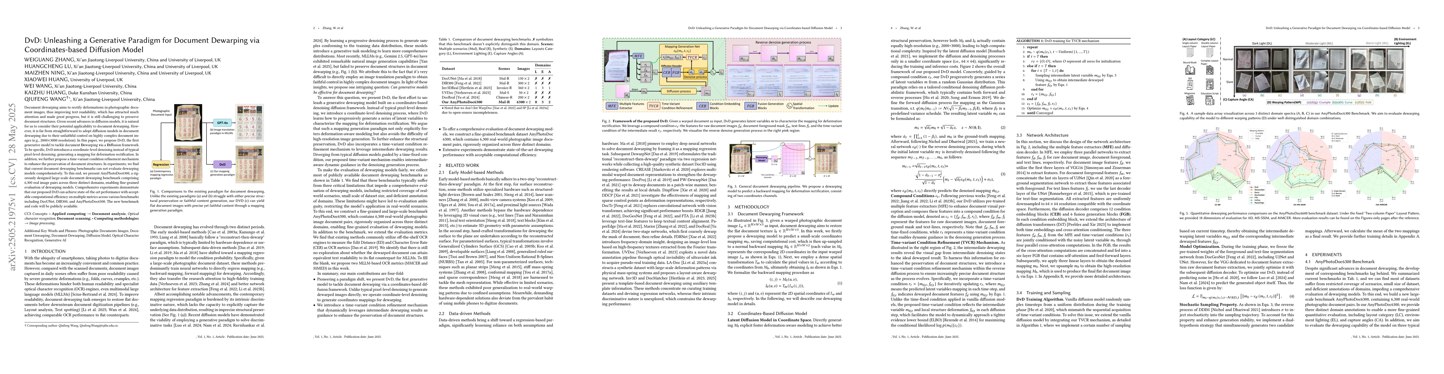 Thumbnail for DvD: Unleashing a Generative Paradigm for Document Dewarping via
  Coordinates-based Diffusion Model