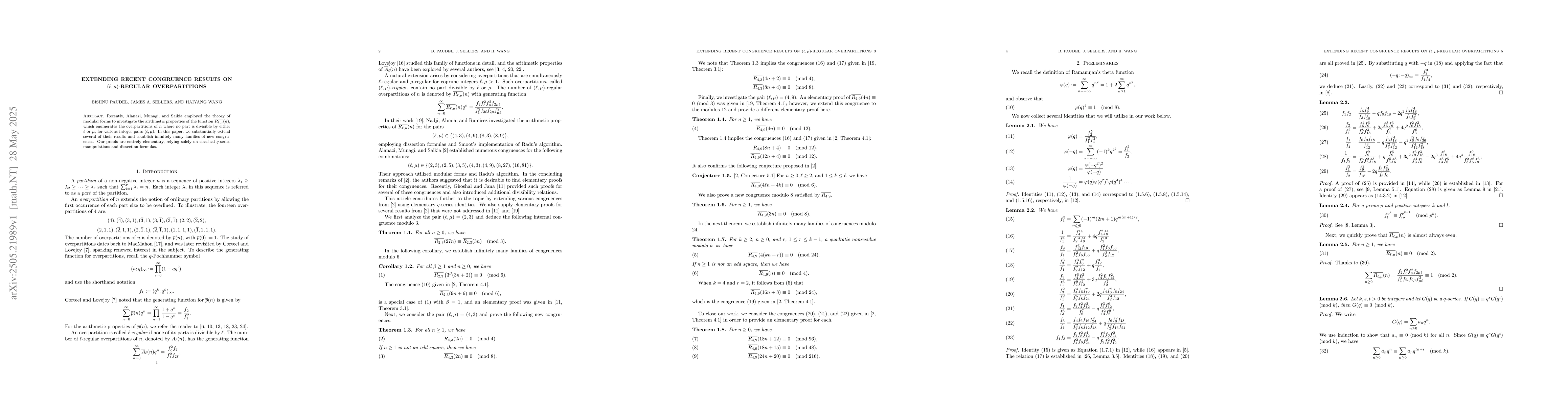 Thumbnail for Extending Recent Congruence Results on $(\ell,μ)$-Regular
  Overpartitions