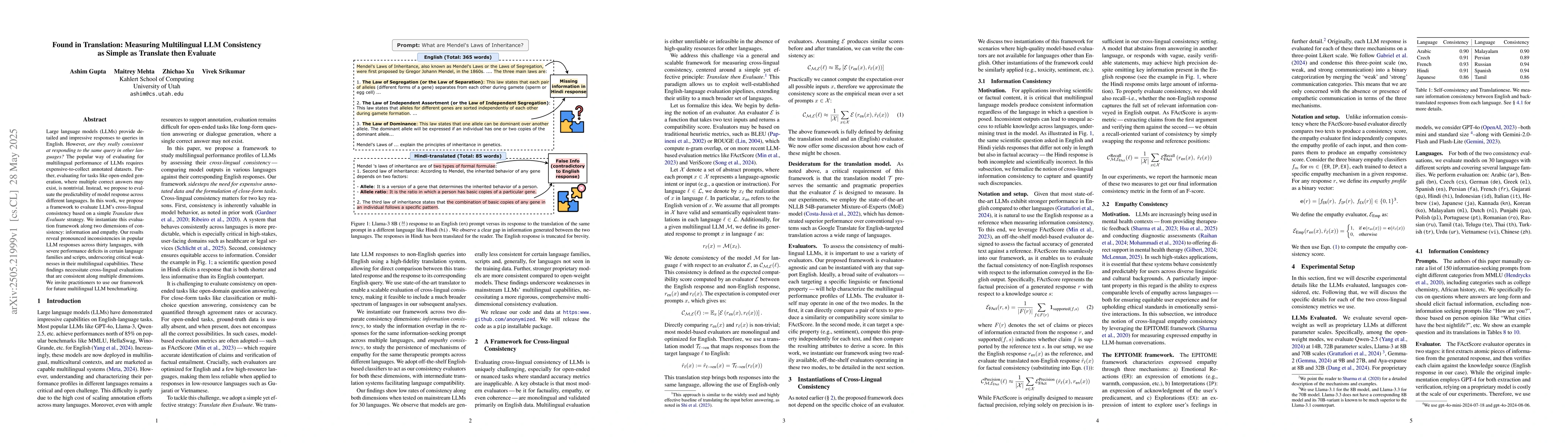 Thumbnail for Found in Translation: Measuring Multilingual LLM Consistency as Simple
  as Translate then Evaluate