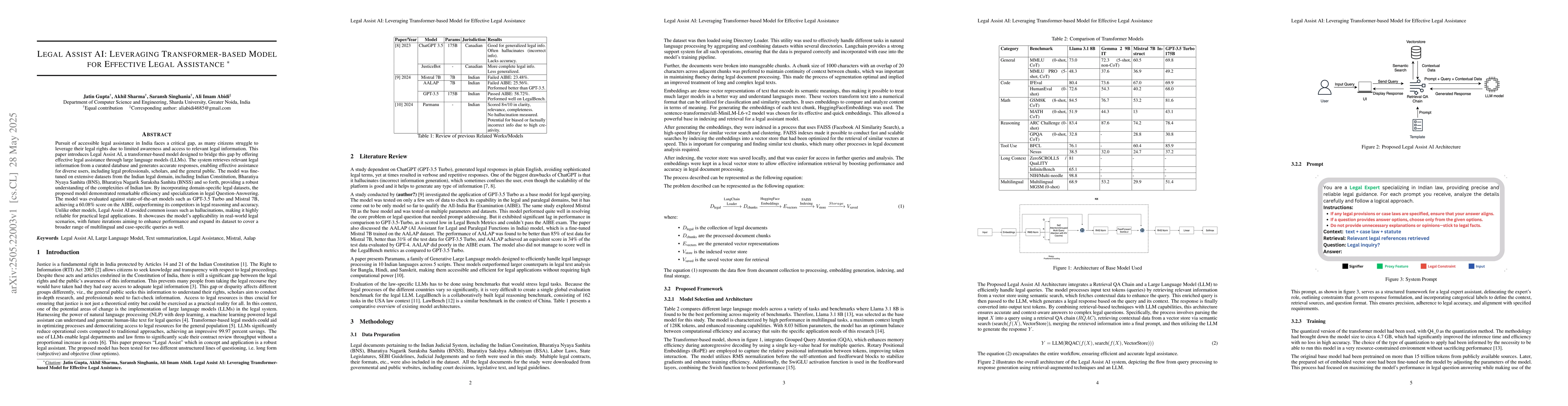 Thumbnail for Legal Assist AI: Leveraging Transformer-Based Model for Effective Legal
  Assistance